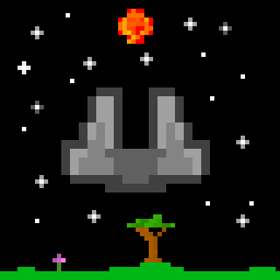 Pixel art of a rock formation under a starry sky